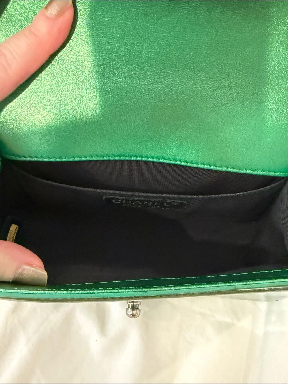 CHANEL Green Quilted Patent Leather Boy Bag with Silver Chain